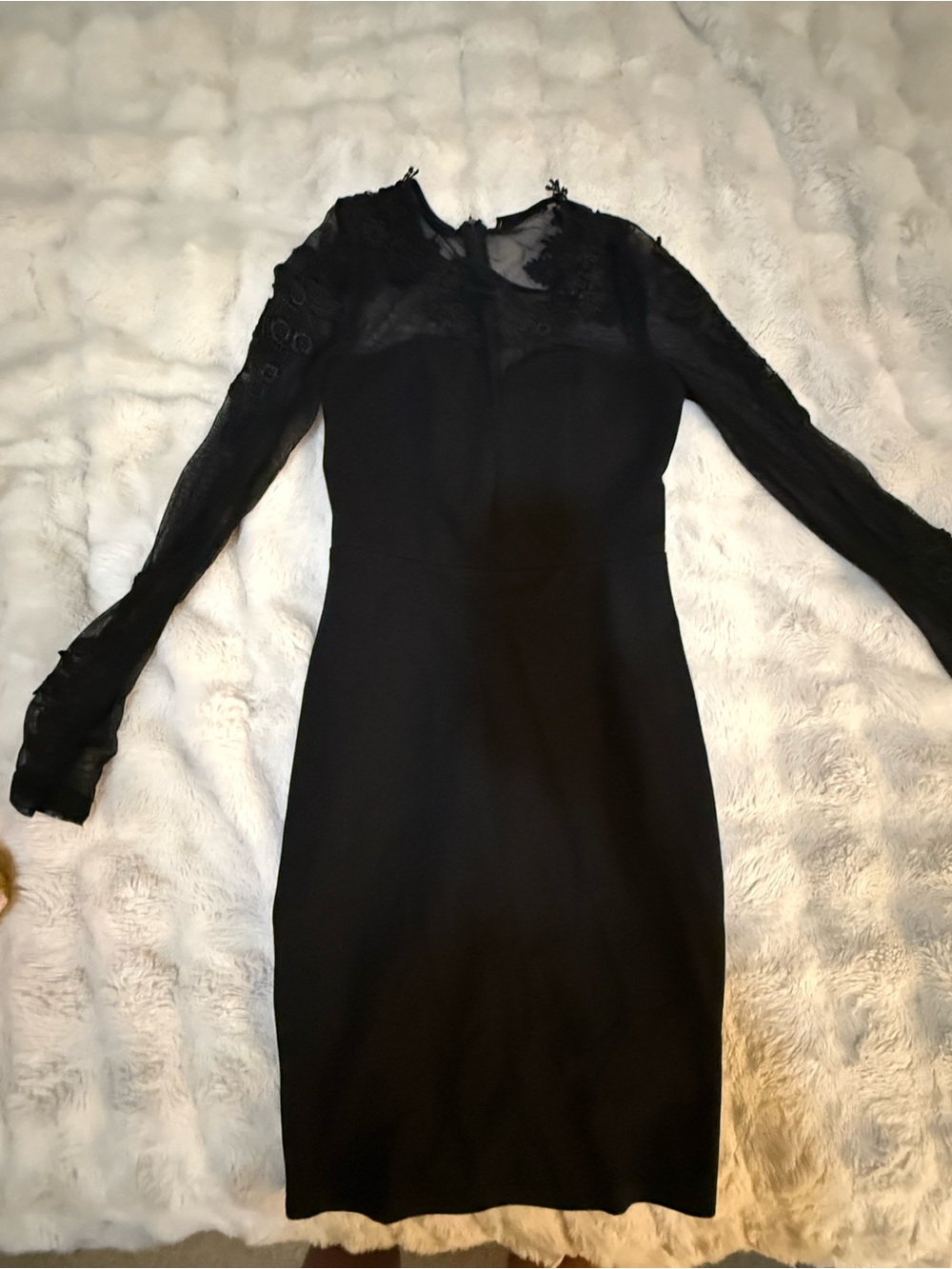 Elegant Black Lace-Trim Long Sleeve Sheath Dress